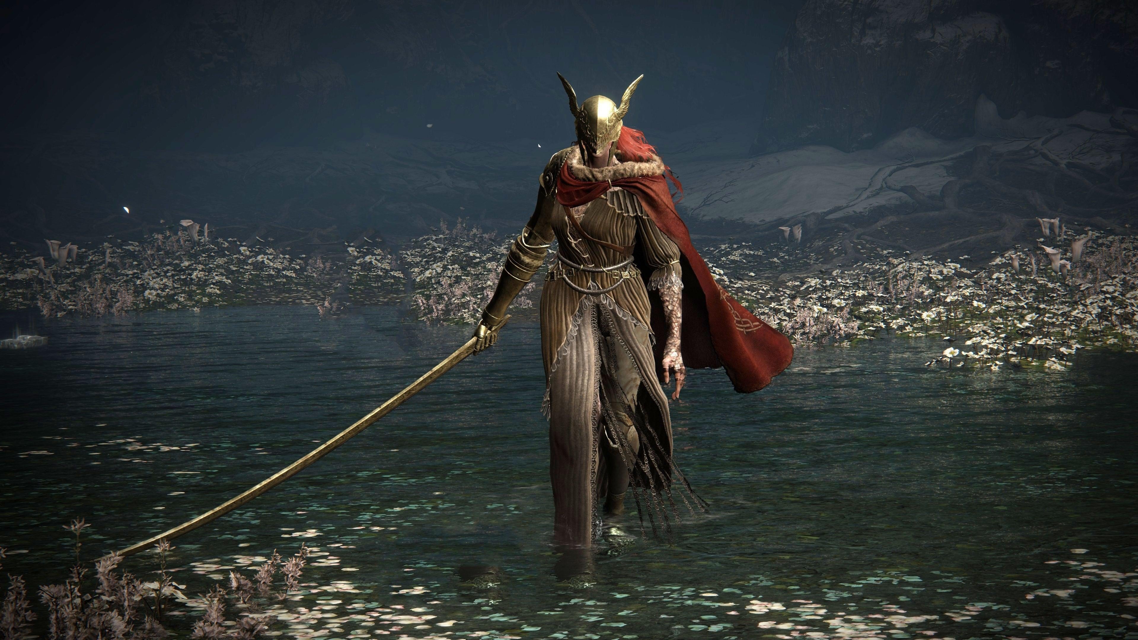 Miquella's Malenia Blade walks towards the camera with a sword in hand, the Elden Ring